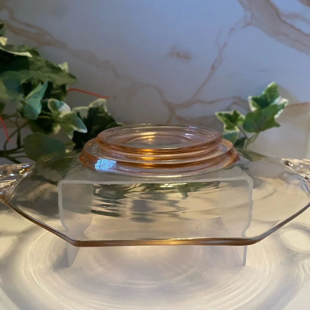1930s Art Deco Pink Octagonal Glass Footed Plate Tidbit Tray Platter w/Handles - Picture 8 of 13